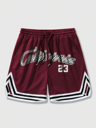 ROMWE Prep Men's Letter Print Drawstring Waist Basketball Shorts