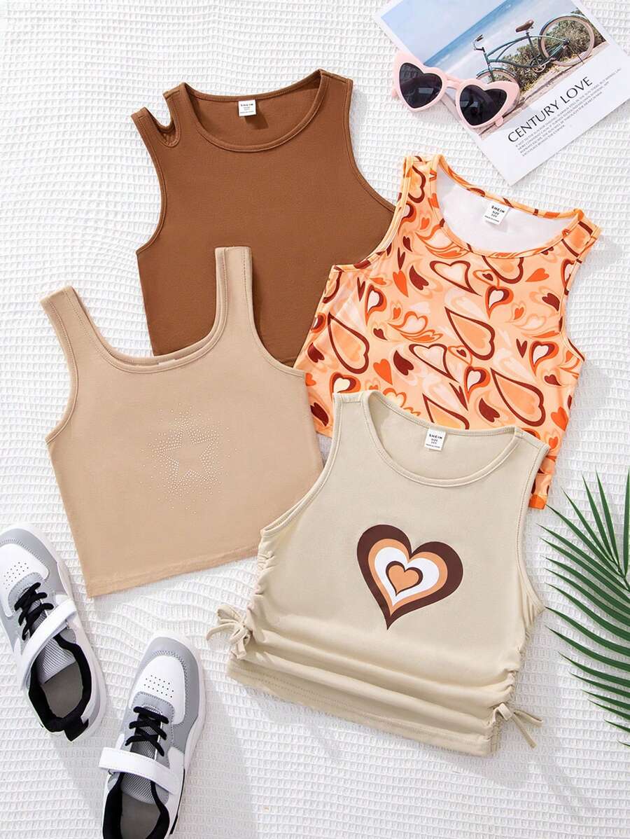 SHEIN Leap Crew Tween Girls Street Style Knit Sleeveless Tank Top For Summer, 4pcs/Set Or Multiple Sets Available - Khaki - View 1