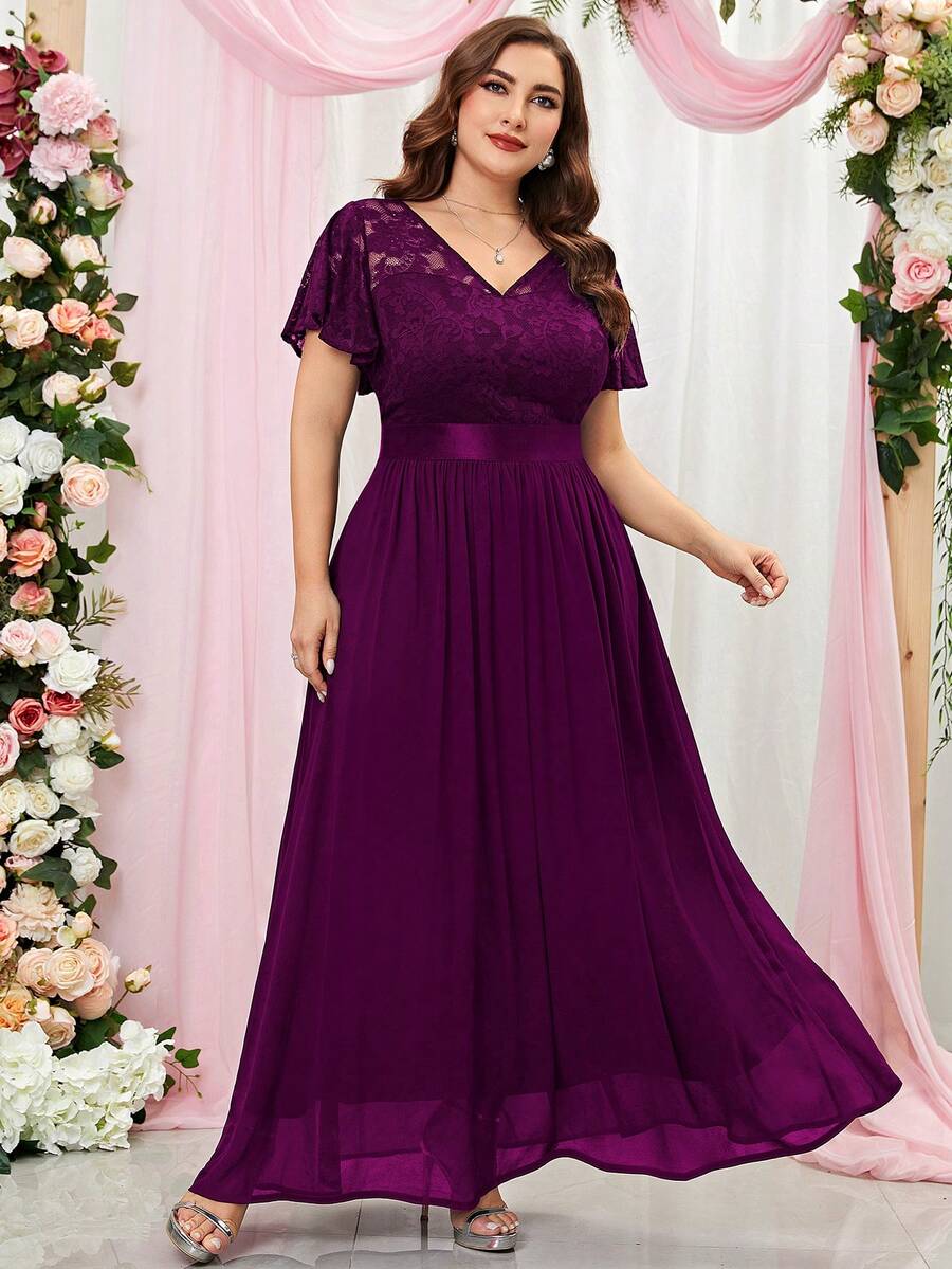 MIUSOL Plus Contrast Lace Butterfly Sleeve Chiffon Formal Dress - Maroon - View 1