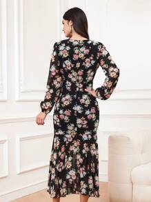 Modelyn Women's Floral Printed Lantern Sleeve Dress