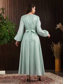 Modelyn Flower Embroidered Lantern Sleeve Net Patchwork Arab Dress Eid Dress - Green - View 2