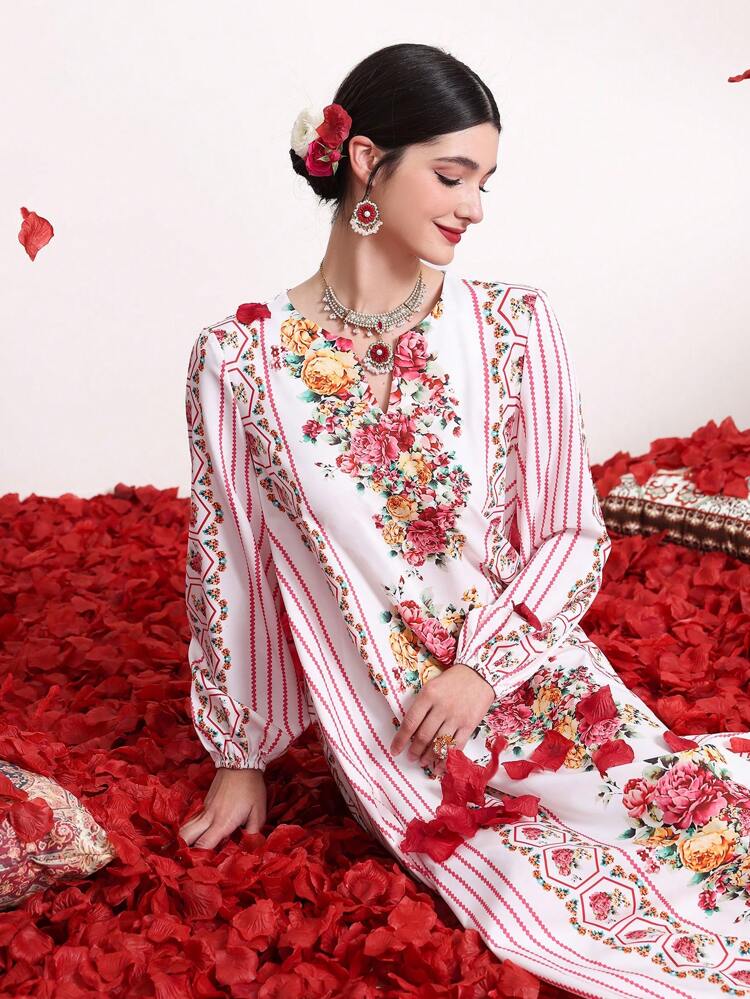Striped Spliced Floral Printed Lantern Sleeve Dress