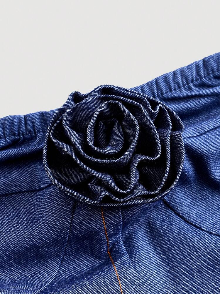 Floral Decoration Strapless Crop Top With 3d Design,Country Concert Tops,Denim Effect