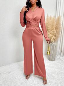 SOLERSUN Cross Wrap Detail Long Sleeve Top And Elastic Waist Pants Two Pieces Set - Dusty Pink - View 5
