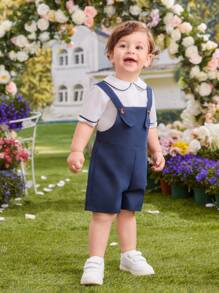 2 piezas Conjunto de top con cuello Peter Pan y pantalones cortos con tirantes azules para bebé niño, elegante y lindo atuendo informal de caballero para uso diario, primavera/verano - Multicolor - Ver 4
