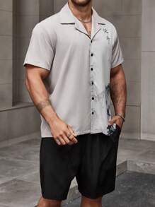 Manfinity Homme Men's Plus Size Mountain And Water Painting Printed Shirt With Solid Color Shorts 2pcs/Set