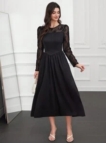 Modelyn 女裝蕾絲拼接百褶裙連衣裙 - 黑色 - 查看 7