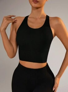 Easithlete 女士纯色运动健身背心健身房上衣修身衬衫 - 黑色 - 查看 4