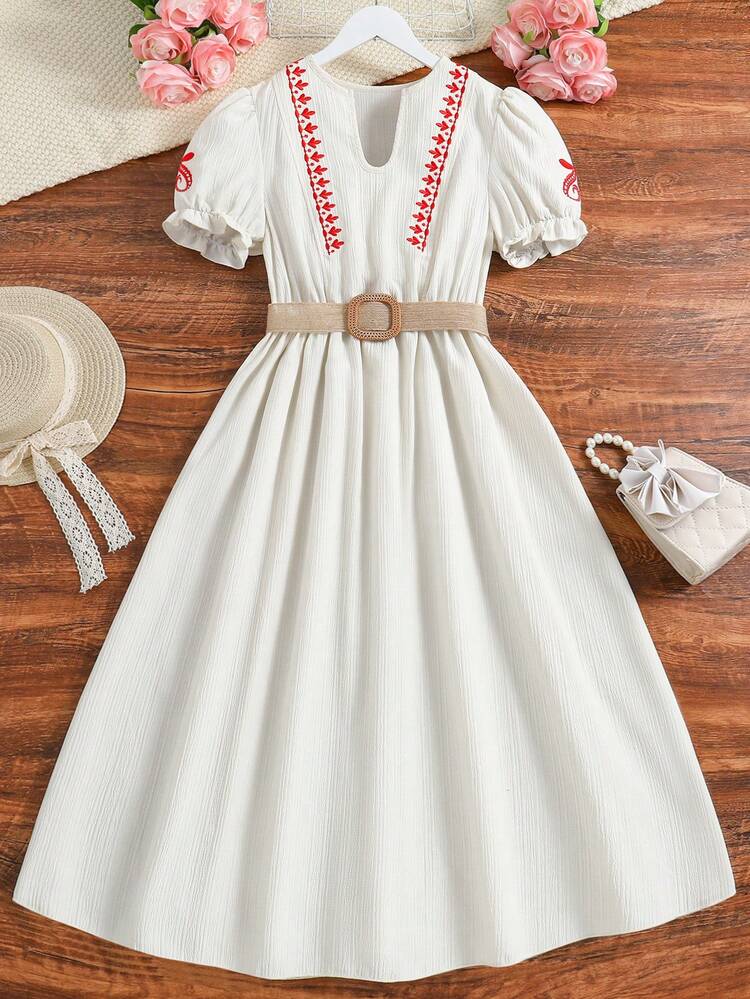 Teen Girls' Embroidery Detail Notch Neck Short Sleeve Dress With Woven Belt, Suitable For Vacation And Parties In Summer
