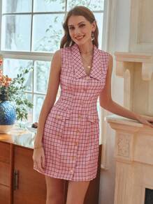 Aveloria Einreihiges Kariertes Ärmelloses Damenkleid Mit Reverskragen