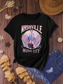 Flirla Plus Size Loose Fit T-Shirt With Music Festival Print - Black - View 6