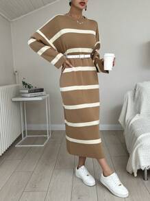 EURMUSE Women's Striped Drop Shoulder Sweater Dress - Brown - View 3