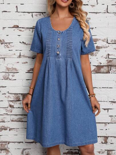 EMERY ROSE Women's Button Front Short Sleeve Denim Dress