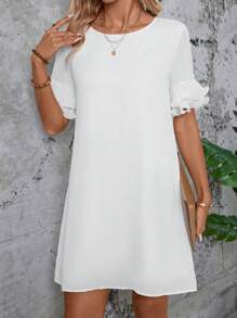 SHEIN LUNE Ladies' Double Layered Ruffle Sleeve A-Line Dress - White - View 3