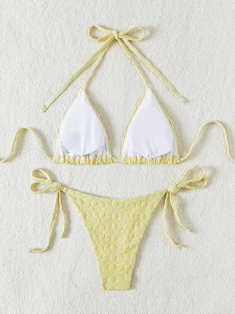 Ladies' Solid Color Floral Patterned Bikini Set Summer Beach