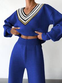 RueChic Của phụ nữ Sọc Cổ chữ V Thả vai Tay áo dài Áo len Và Quần len Bộ - Màu xanh lam - Xem 5