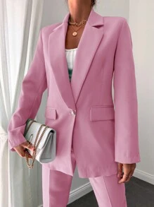 SHEIN Unicolore Col À Revers Blazer & À Poche Ceinturé Pantalon
