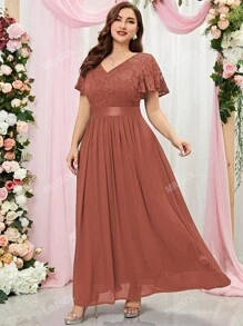 MIUSOL Plus Size Contrast Floral Lace Flounce Sleeve Chiffon Formal Evening Party Dress Wedding Guest Dress,Gown