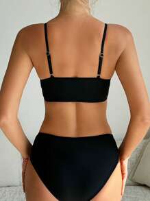 SHEIN Swim 女士网纱插入和褶皱细节比基尼套装，简约性感风格，适合夏季海滩，比基尼套装泳衣海滩装 - 黑色 - 查看 2