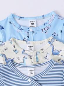 SHEIN 嬰兒男童可愛恐龍條紋印花純色連體褲,腳套帶側扣居家裝,3件/套 - 彩色 - 查看 7