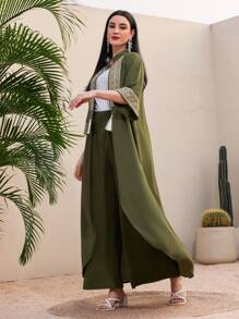 Al Najma Women's Fringe Trim Open Front Jacket And Pants Set - Dark Green - View 5