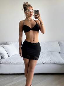 SHEIN ICON Women's Lace Trim Cross Back Crop Top And Shorts Set - Black - View 5