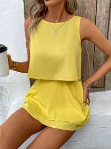 SHEIN Clasi Màu thuần Không tay Áo vest Và Quần short Lỏng lẻo Bộ - Màu vàng - Xem 4