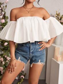 Chiquease Màu thuần Hình-quạt Xích đu Off Shoulder Áo sơ mi - trắng - Xem 3