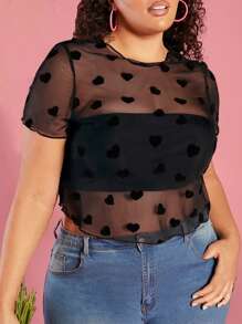 SHEIN CURVE+ Áo croptop cổ tròn xuyên thấu họa tiết trái tim cỡ lớn dành cho nữ - màu đen - Xem 1