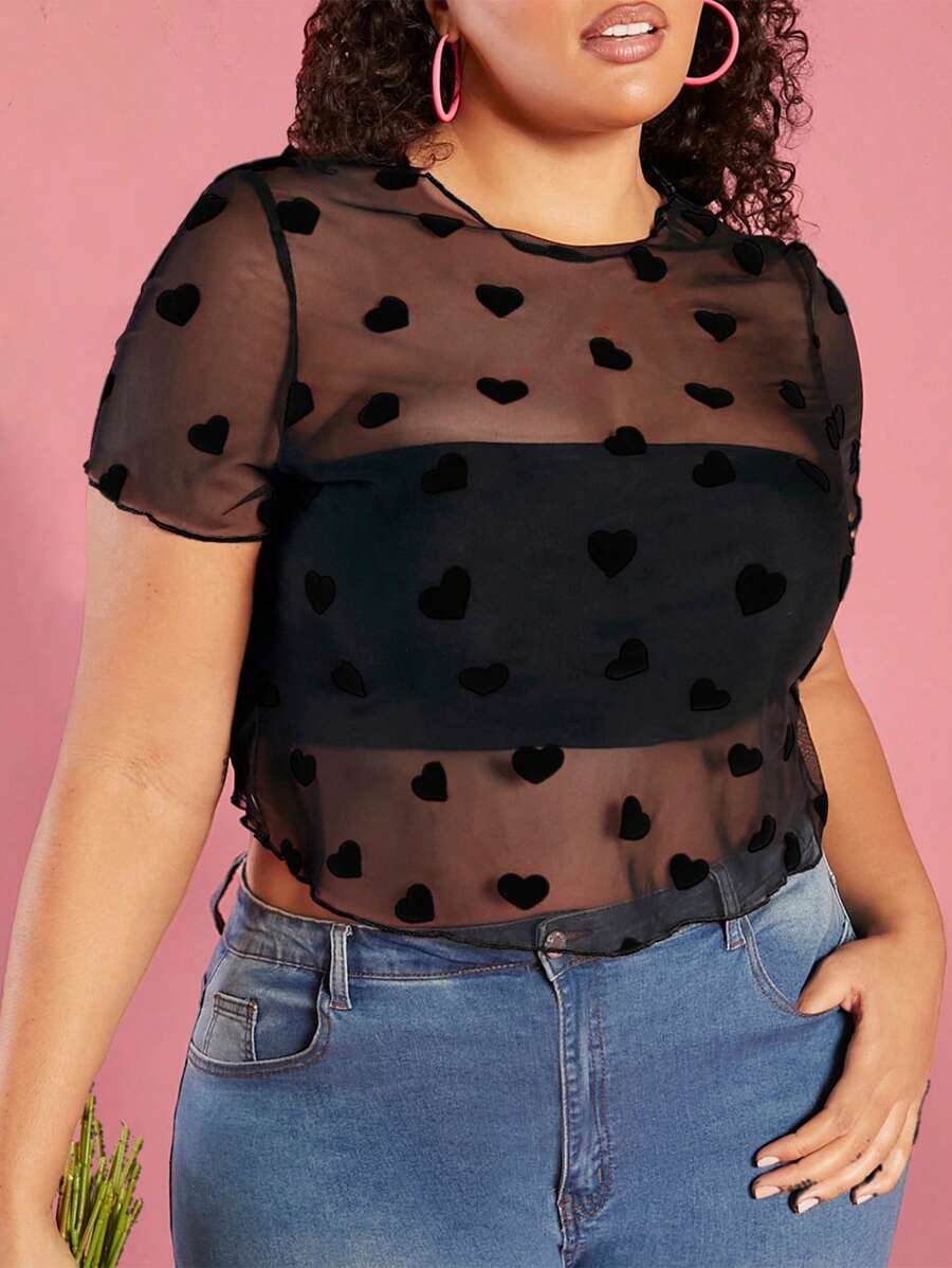 SHEIN CURVE+ Áo croptop cổ tròn xuyên thấu họa tiết trái tim cỡ lớn dành cho nữ - màu đen - Xem 1
