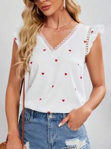 SHEIN Tall Women's Heart Pattern Printed Lace Trimmed Cap Sleeve Blouse - White - View 1