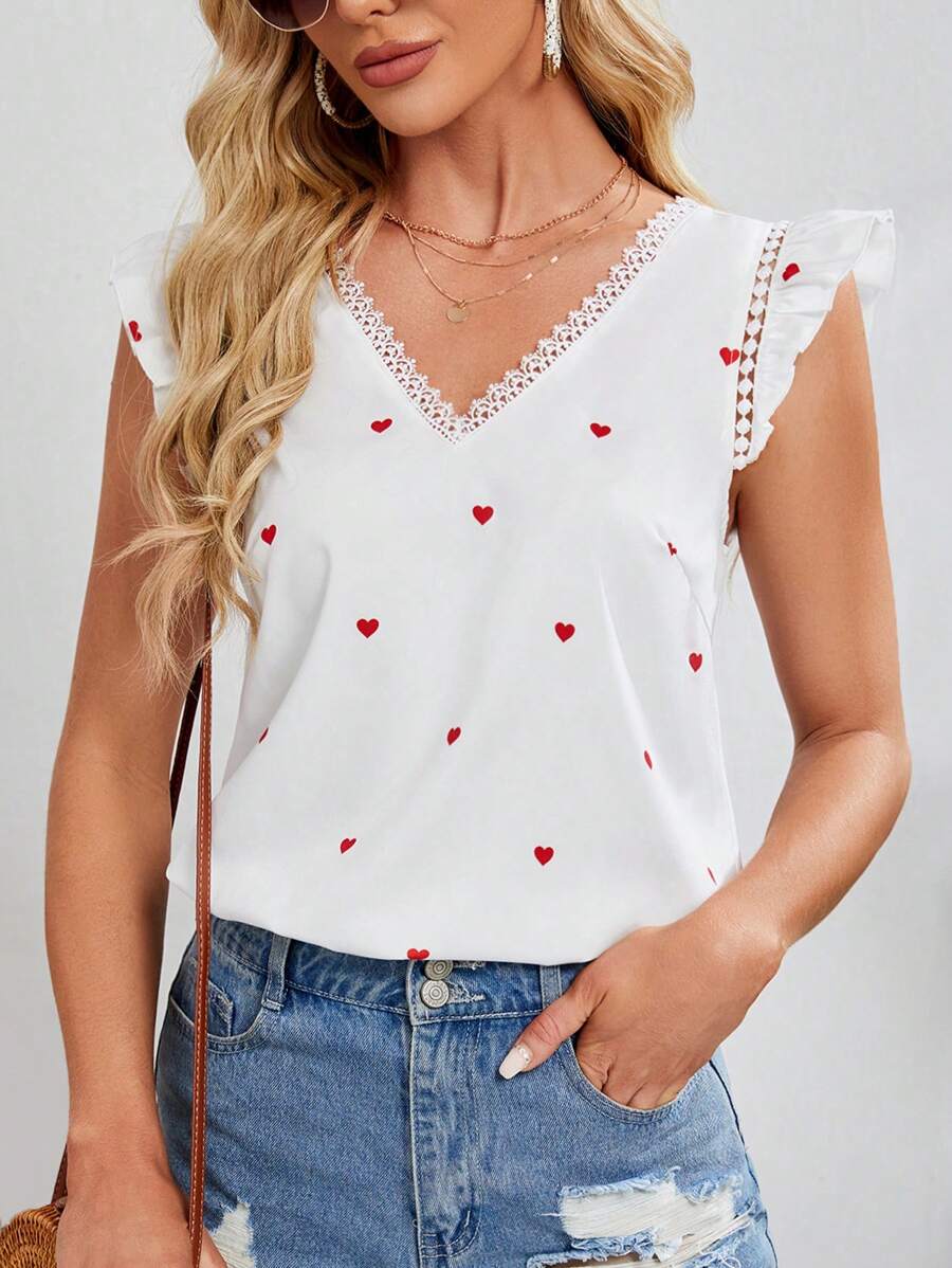 SHEIN Tall Women's Heart Pattern Printed Lace Trimmed Cap Sleeve Blouse - White - View 1