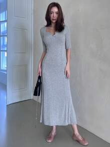 DAZY Women's Square Neck Half Button Front Short Sleeve Midi Dress Sundress