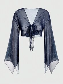 ROMWE Hippie Short Cropped Mesh Blouse With Sun, Moon & Stars Pattern And Flared Sleeves Tie Front - Blue - View 1
