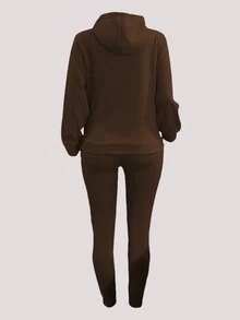 Túi kangaroo Tay áo dài Dây rút Hoodie Và Quần thể thao Bộ - màu nâu - Xem 4
