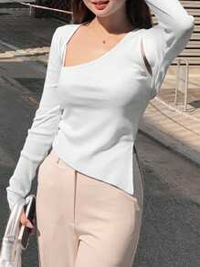 DAZY Áo cổ lệch và áo crop top siêu ngắn tay dài cho nữ, Quần áo nữ mùa thu - trắng - Xem 4