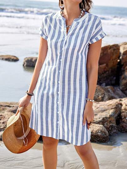Sylviya Women's Summer Casual Short Sleeve V-Neck Striped Knee-Length Shirt Dress,Summer Dresses For Women,Vacation