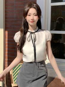 DAZY 纯色短袖蕾丝边系带泡泡袖女式衬衫夏季 - 白色 - 查看 6