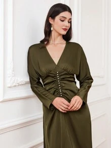 Modelyn 女士纯色褶饰珍珠蝙蝠袖连衣裙长款晚礼服 - 軍綠色 - 查看 7