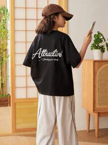 SHEIN Oversized Komfortables Rundhals-T-Shirt mit Drop Shoulder und geteiltem Design mit Buchstaben-Muster für Tween Mädchen