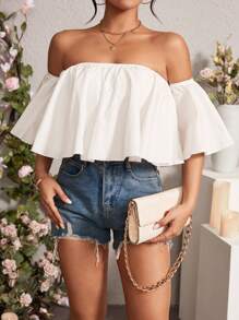 Chiquease Màu thuần Hình-quạt Xích đu Off Shoulder Áo sơ mi - trắng - Xem 1