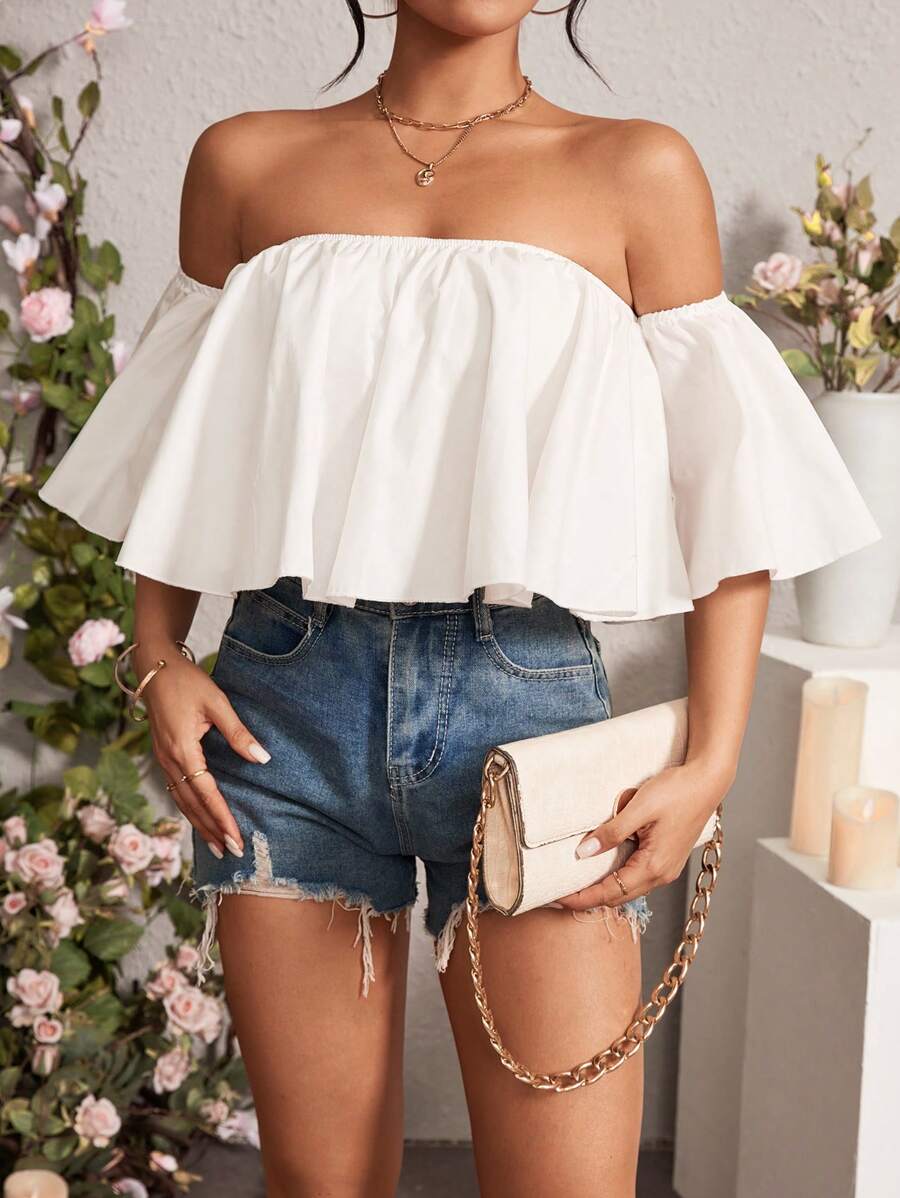 Chiquease Màu thuần Hình-quạt Xích đu Off Shoulder Áo sơ mi - trắng - Xem 1