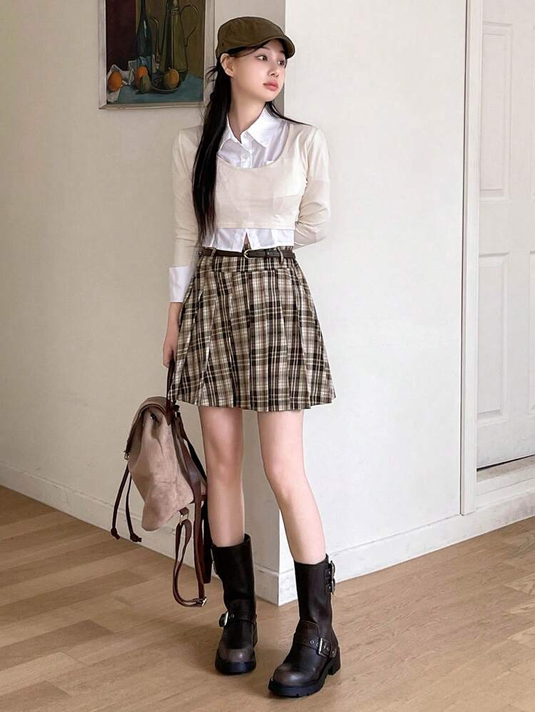 Women Plaid Pleated Skirt Fall Skirts