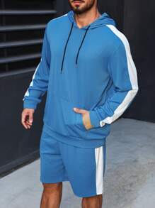 Manfinity Homme 男士加大號對比側縫袋袖帶帽連帽衫和短褲套裝 - 彩色 - 查看 1