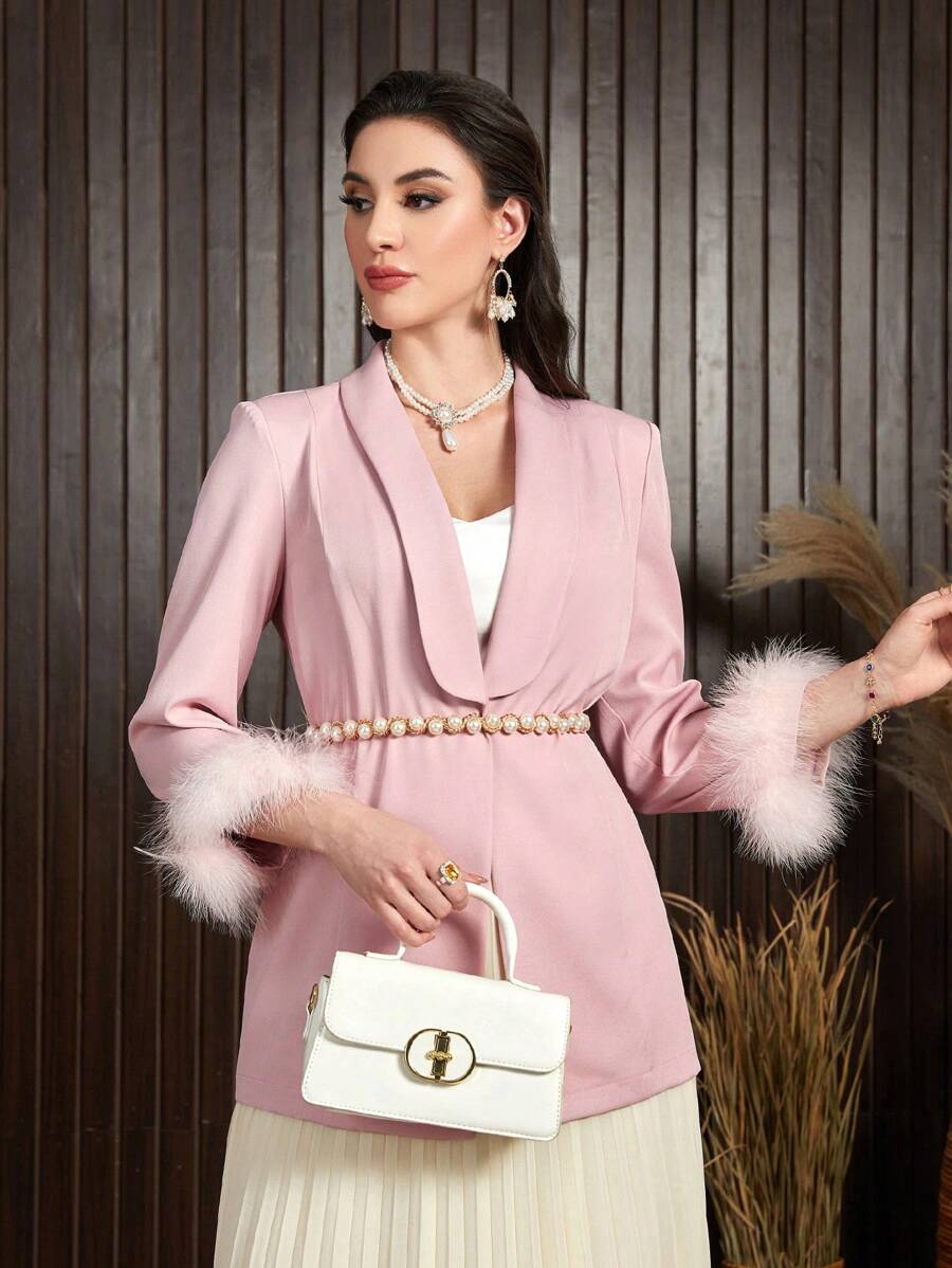 Modelyn Furry Cuff Cape Collar Blazer Jacket - Pink - View 1