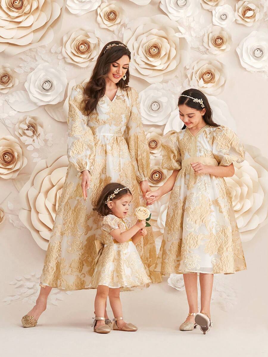 SHEIN Váy cổ chữ V quyến rũ cho bé gái Tween với váy chữ A định hình eo - Vàng - Xem 1