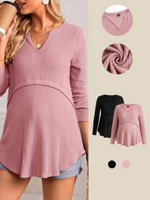 Modmama Maternity Solid Color Notch Collar T-Shirt