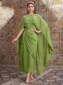 Al Najma Ladies' Shiny Sequin V-Neck Wrap Dress,Elegant Evening Party Dress Long Evening Dresses - Green - View 5