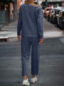SHEIN LUNE unicolor Camiseta de hombros caídos & con bolsillo oblicuo Pantalones - Neblina azul - Ver 2