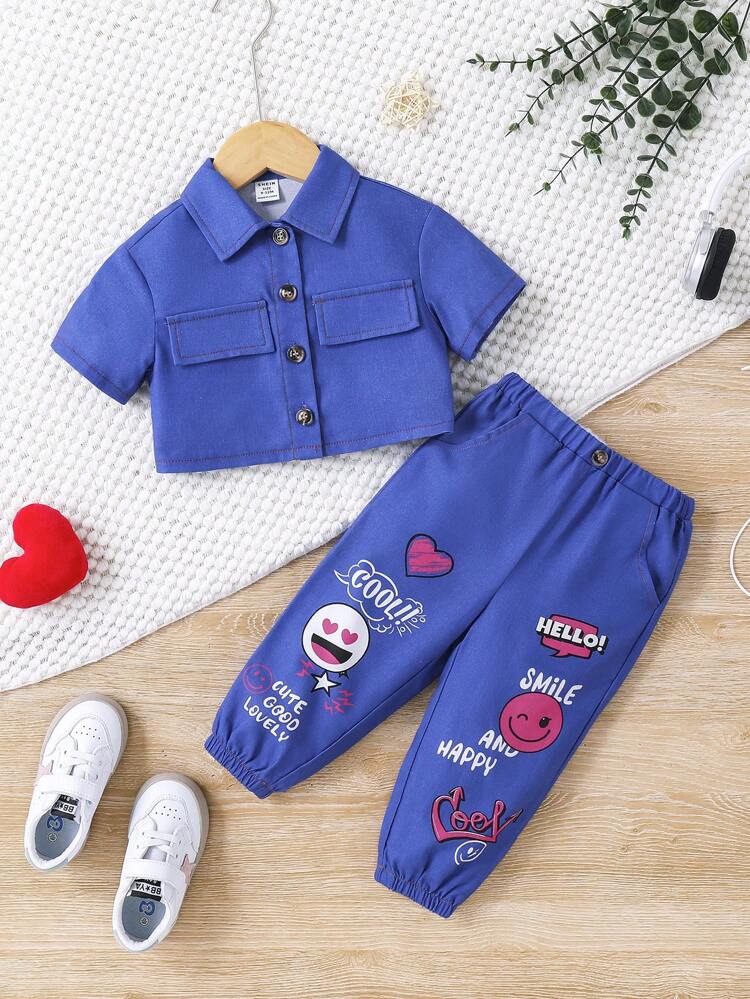 Baby Girl Casual Blue Short Sleeve Jacket & Cartoon Pattern Elastic Waist Long Pants Set